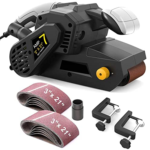 Ponceuse à bande filaire HUIOP Ponceuse à bande 750 W, 75 x 533 mm, avec 10 bans de ponçage et sacs à poussière Ponceuse de table avec contrôle de vitesse variable Adaptateur d'aspirateur 2 en 1 C