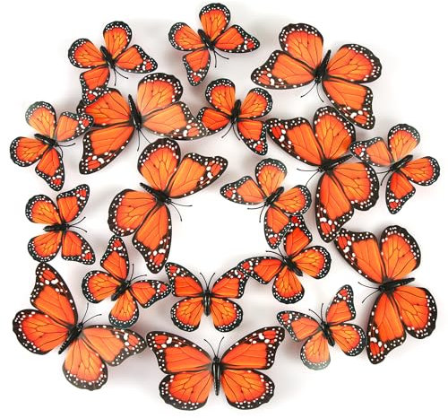 24pcs Monarch Butterfly Magnets, Artificial 3D Butterfly Wall Stickers Decal for Crafts Wall Home Decor Art Room Refrigerator Halloween Birthday Party (Orange)
