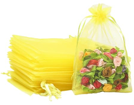 POPOYU 100Pcs Sachet Organza Jaune, 10×15cm Pochette Bijoux, Sachet Lavande Vide, Tulle Dragées, Sachet Dragees, Pochon Bijoux, Sac Organza, Sac Cadeau Tissu, Jewellery Drawstring Bag, Pochons