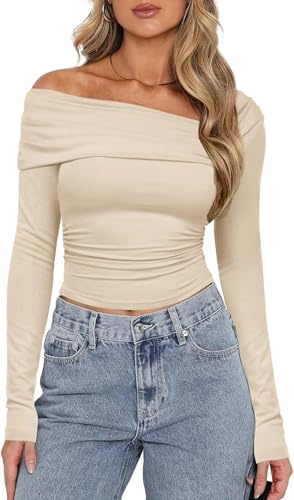 TrendiMax Camicetta da Donna a Maniche Lunghe con Spalle Scoperte, in Maglia a Costine, Aderente, Beige, L