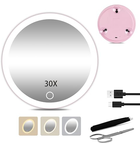 JJhxr 30X Vergrößerungsspiegel mit Lichtern, Reise Make-up Spiegel mit 3 Farben einstellbare Helligkeit Licht, 15.24 cm Make-up Vergrößerungsspiegel mit Licht mit Saugnäpfen