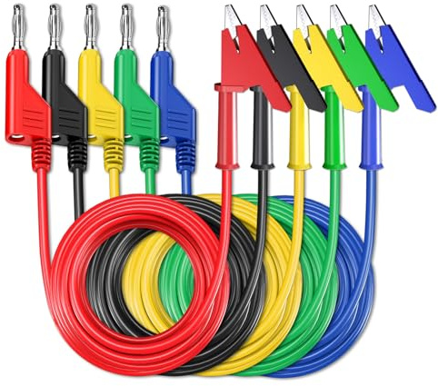 Cleqee Lot de 5 câbles de test - Fiche banane vers pinces crocodiles - 4 mm - 3 m | Empilable, câble flexible, pour multimètre, test électrique