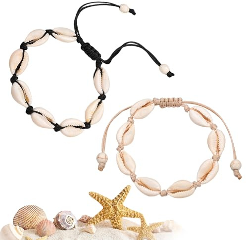 MAEXUS 2 Stück Muschel Armband Damen,Muschel Schmuck,Fußkettchen Muscheln,Muschelarmband Natürliche Kaurimuschel für Damen Mädchen,Verstellbar (Schwarz+Weiß)