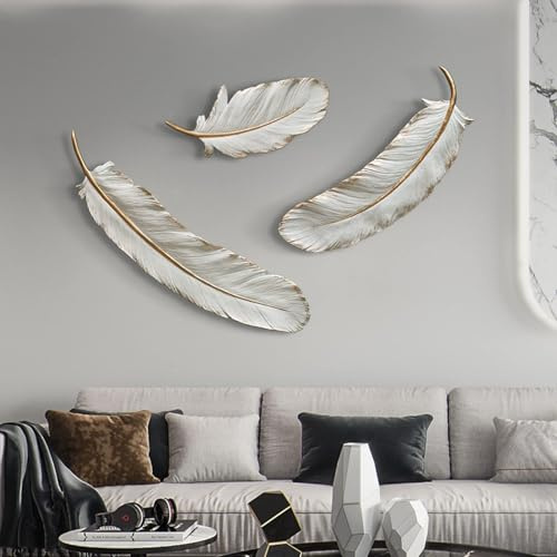 SYLUOQP 3D Weiße Feder Wandbilder Wanddeko Metall Wohnzimmer Schlafzimmer | Wandschmuck Wandobjekt Handgemachte Wandskulpturen Schmiedeeisen Zierelemente Ornamente Geschenk