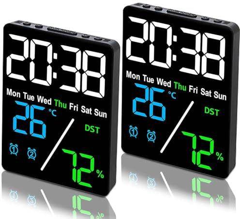 GOMETY 2tlg Multifunktionale Elektronische Uhr, Wecker Digital mit 24 Stunden Datum Temperaturanzeige und Luftfeuchtigkeit, LCD Display Tischuhr Thermo-Hygrometer für Schlafzimmer Home Office Reisen