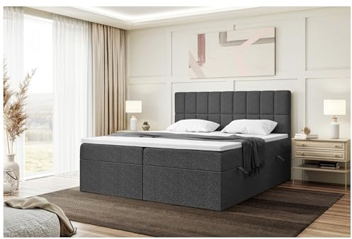 MEBLINI Boxspringbett mit Bettkasten - Gepolstert Doppelbett mit Matratze und Topper - Polsterbett mit Stauraum - Bett mit Kopfteil - Stauraumbett - Lukas - 200x200 - H3/Dunkelgrau Webstoff