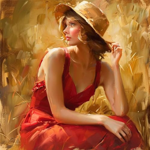 Paint by Numbers Kits for Adults Woman, Paint by Numbers Straw Hat Painting By Numbers Kits, with Paint Brushes DIY Acrylic Pigment Drawing, Hobbies for Adults Women Crafts, Room Decor 35x35cm W2-463