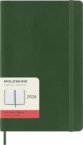 Moleskine Tagesplaner, Tagesagenda 2026 12 Monate, Mit Weichem Einband und Elastischem Verschluss, Großformat 13x21, Farbe Grün