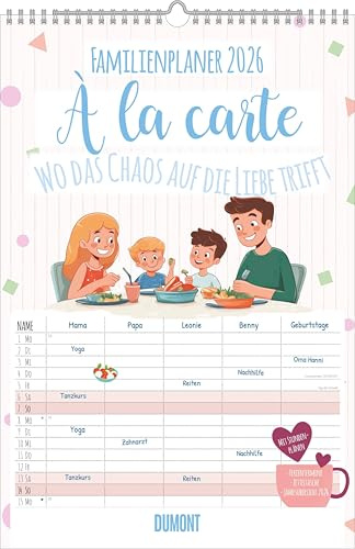 DUMONT - Planning familial à la carte – Où le chaos rencontre l'amour 2026 – Calendrier familial 26 x 49 cm – Planning mural avec 5 colonnes, dates de vacances, emplois du temps & poche d'insertion