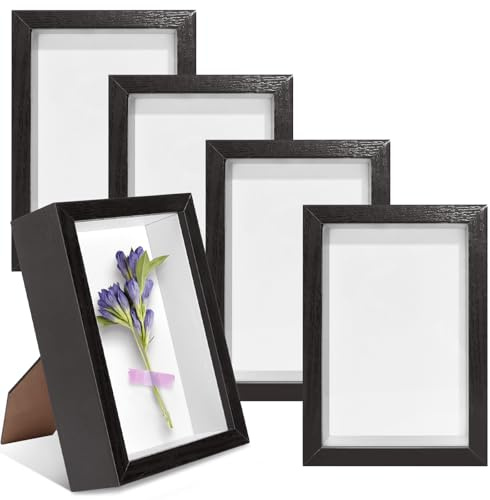 VOKOY 5 Pack 4 x 6 Shadow Box Frame, Small Wood Hollow Picture Frame with Clear Acrylic Front, 1 Deep Shadowbox Display Cases for Photos Dried Flowers Seashell Memorabilia DIY Crafts Medals (Black)