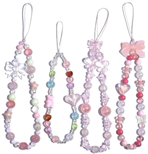Ouligay 4Pcs Cute Phone Charm Wrist Strap Beaded Lanyard Aesthetic Y2k Cell Keychain Bear Butterfly Heart Hippers Accessory for Bag, Camera Pendants Decor（Pink