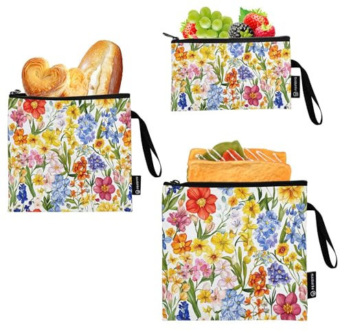 Wiederverwendbare Sandwichbeutel mit Blumenhyazinthen, Begonie, Weiß, 3 Stück, Notfalltasche für Lebensmittel, Küche, Mittagessen, für Camping, Wandern, Ausflüge