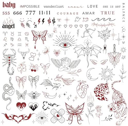 BETESSIN 3 Bögen Temporäre Tattoos Damen - Flash Tattoo Schwarz Rot - Klebetattoos Erwachsene - Wasserfeste Tattoos zum Aufkleben - Temporäre Aufkleber für Festivals, Partys, Karneval