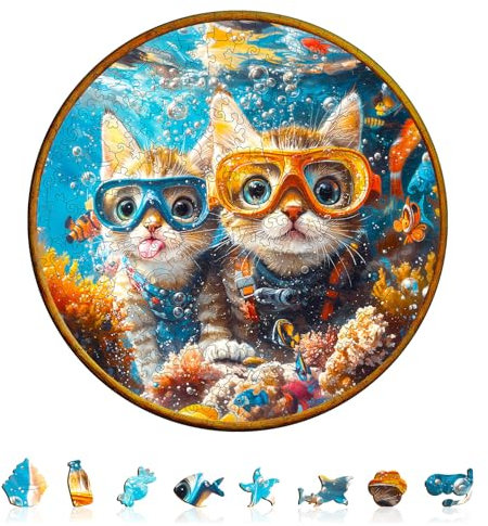 Holzpuzzle Erwachsene und Kinder,Diving Cats Kreisförmige Einzigartige Einzigartige Wooden Puzzle, Holz Puzzle Erwachsene Mit Geschenkbox Aus Holz (L-280 Stück)