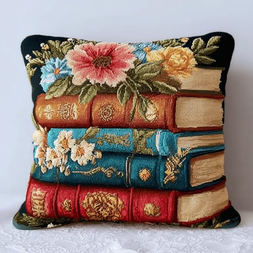 Coussin à Créer au Point Noué,Kit Tapis Créatif 43x43cm avec Crochet,Projet DIY Zen pour Adultes Débutants,Décoration Unique à Faire Soi-même,Activité Relaxante et Artisanale,Fleur de livre vintage