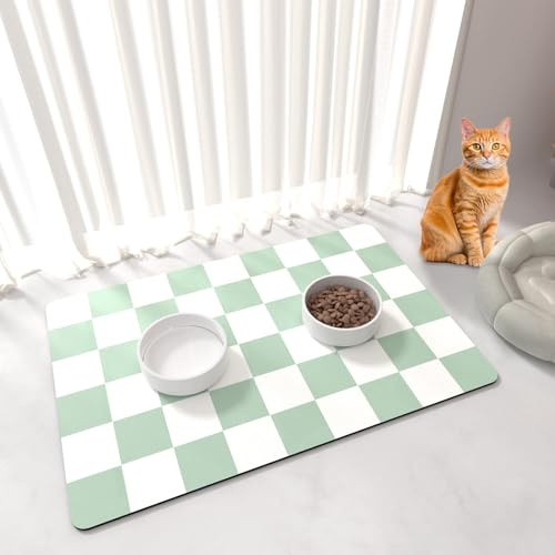 BLESWIN Katzenfutter Matte - 51x30,5CM Katze Hund Matten für Futter und Wasser Schüssel, Anti-Rutsch unter Haustier Schalen Matten für Unordentliche Trinker, Grün & Weiß