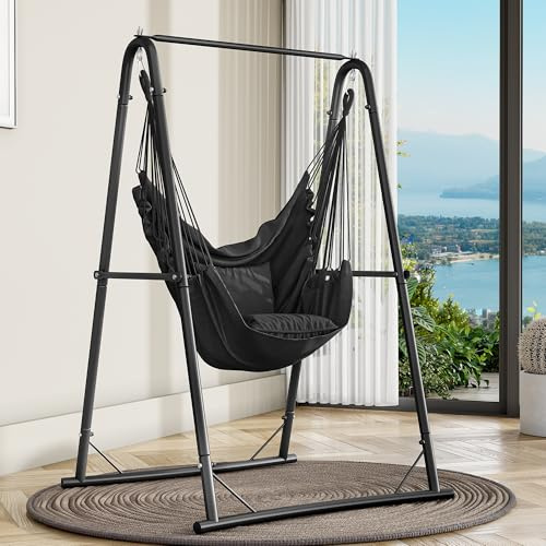 YITAHOME Hängesessel mit Gestell 105x93x160cm, Stabiles Stahlgestell, Hängemattenständer mit Hängender Schaukel, Max. Belastung 150kg, Schaukelstuhl mit 2 Haken und 2 Rückenkissen für Garten, Schwarz