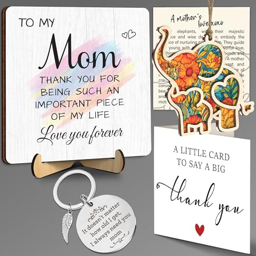 Mom Birthday Gift from Daughter Son, Mothers Day Appreciation Plaque, Elephant Suncatcher Ornament for Women, Mother Engraved Keychain, Thank You Card, Christmas Best Mom Ever Gifts FF764