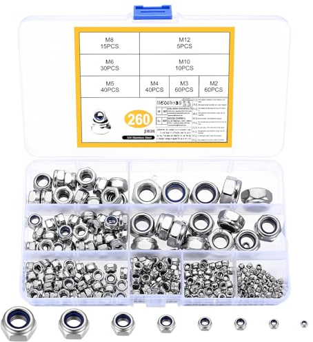 260 Pcs Ecrou Hexagonale, écrous Hexagonaux, écrous Autobloquants avec Insert en Nylon, Ecrous en Acier Inoxydable pour vis et boulons, Ecrous de blocage M2 M3 M4 M5 M6 M8 M10 M12