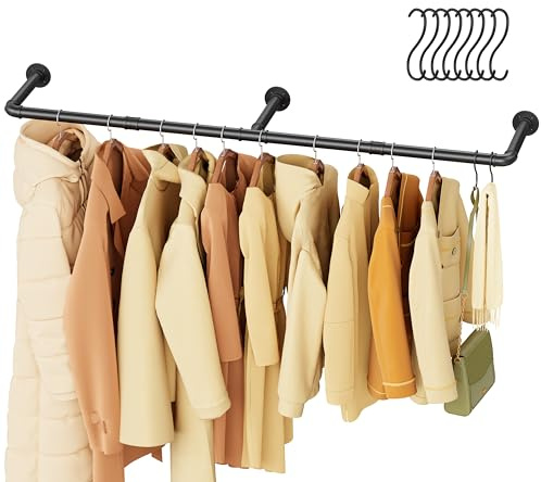 Mavivegue 150 cm Kleiderstange Wand, Rohr-Kleiderständer zur Wandmontage | Industrieller Garderobenstange für Flure Wohnzimmer Schlafzimmer, Schwarz