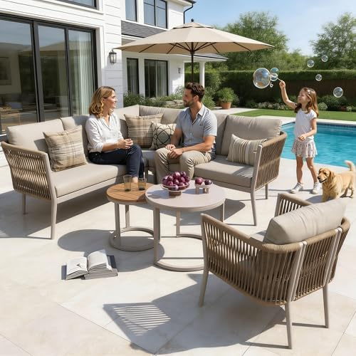 Lekvvied Set lounge da giardino per 5-6 persone,grande set di divani da esterno,gruppo sedute in corda da 6 pezzi con panca impermeabile e set di cuscini,set di divani angolari modulari,beige