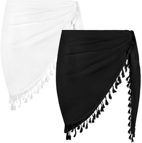 Aomig Women Beach Sarong 1/2PCS Ladies Girls Knot Sheer Shrug Skirts Beach Wrap Short Sarongs Bikini Cover Up Swim Suits Coverup Cover Skirt with Fringes Pareo Dress Wrap Swimwear Cover Swimsuit Wrap