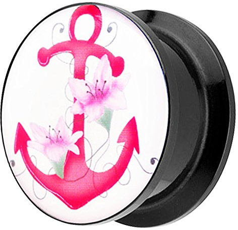 Piersando Ohr Plug Piercing Kunststoff Motiv Comic Picture Flesh Tunnel Ohrplug mit Anker Blumen Schwarz Weiß Pink