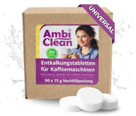 AmbiClean 90 Entkalkungstabletten Nachfüllpack für Kaffeevollautomaten – Entkalker Tabs für Kaffeemaschinen & Wasserkocher – Wirksam gegen Kalk, schonend zur Maschine