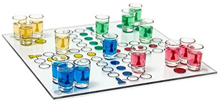 Relaxdays Drinking Ludo Spiel, Partyspiel für Erwachsene, Brett, 2 Würfel & 16 Shotgläser, lustiges Trinkspiel, bunt