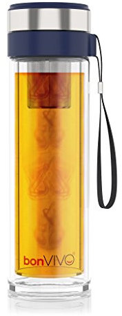 bonVIVO VitaliTEA Bottiglia Infusore Tè - Teiera con Filtro in Acciaio Inox - Bottiglia Detox in Vetro Borosilicato a Doppia Parete Isolante, 450 ml - Borraccia Termica Portatile Blu