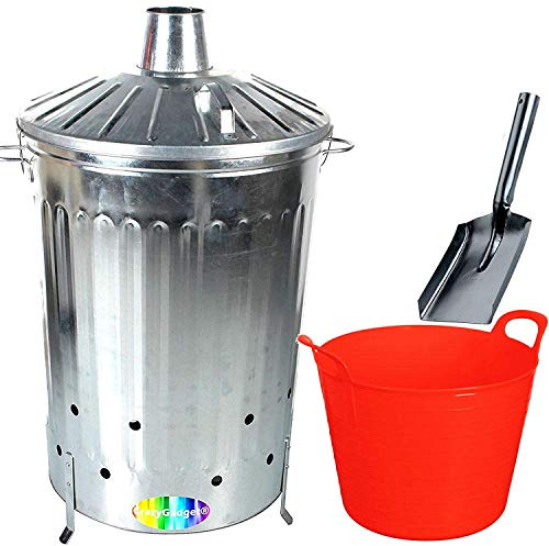 CrazyGadget® 125 Litre 125L Extra Large Galvanised Metal Incinerator Fire Burning Bin with Special Locking Lid + Ash Shovel + 42L Litre Plastic Flexi Tub (Red)