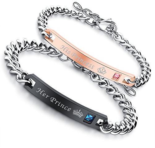 Flongo Paar Armbänder EIN Paar Edelstahl-Armbänder mit Zirkonia Textgravur Liebesschwüre Rose Gold + schwarz Partnerarmbänder Love-Schmuck Geschenke für Valentinstag Geburtstage Jahrestage