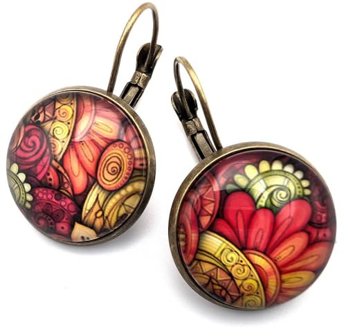 Boucles d’Oreilles Pendantes Dormeuses Bronze Cabochon Verre 18 mm – Fleurs Jaune Orange Rouge et Vert Anis – Collection Fleurs du Soleil – Idée Cadeau Femme Colorée