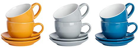 Argon Tableware 12 Piece Coloured Cappuccino Cup & Saucer Set - Modern Stoneware Tea & Coffee Cups - 250ml - Yorkshire