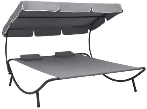 vidaXL Garten Sonnenliege mit Sonnendach Kissen Doppelliege Gartenliege Relaxliege Strandliege Liege Gartenmöbel Grau 200x173x135cm