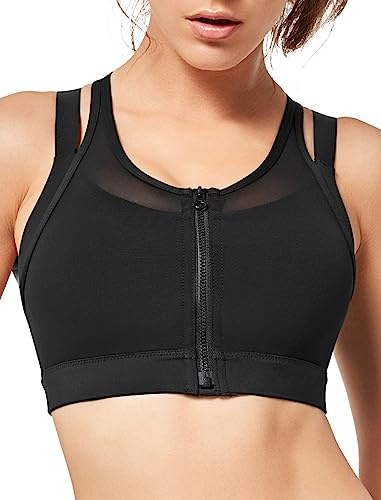 Yvette Starker Halt Sport BH Damen Vorderverschluss Doppelt Träger Große Brüste Fitness Laufen Joggen Bra,Schwarz,XL