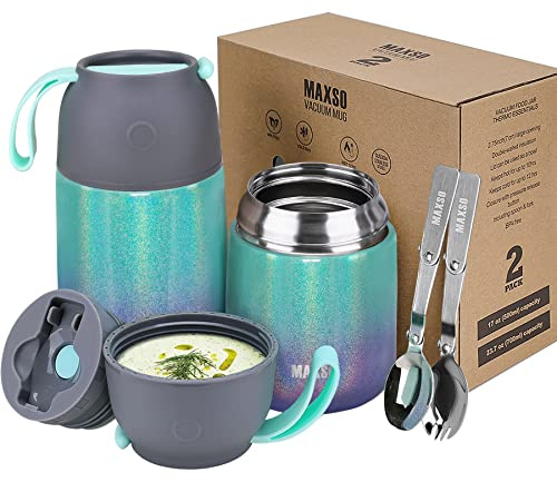 MAXSO 2 Pack Soup Thermo for Hot & Cold Food for Kids Adults, Vacuum Insulated Food Jar Thermal Lunch Containers, Travel Food Flask with Spoon (24 oz,17 oz) (Glitter Rainbow)