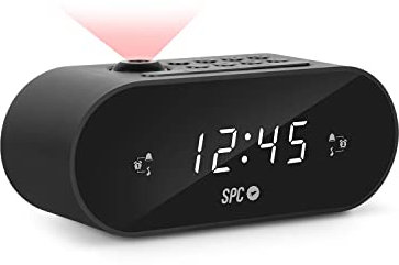 SPC Frodi Max Radio-réveil Compact avec projecteur d'heure réglable, Grand Bouton Snooze/Sleep, Double Alarme, écran XL, Grand Nombre, Pile de réserve, Extra Grande, Noire