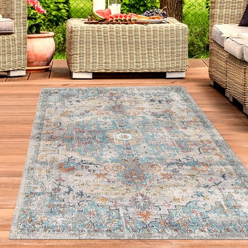 CARPETIA In- & Outdoor Teppich Vintage Türkis Rost Sand 240x340 cm | Pflegeleicht, UV-beständig, formstabil und saugrobotergeeignet, OEKO-TEX geprüft, für Balkon, Terrasse & Wohnräume