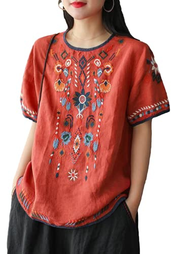 SeekMe Women's Embroidered Blouse Cotton Linen Short Sleeve Peasant Boho Mexican Tunic Top Casual T Shirt (0215-Red-XL-FY)