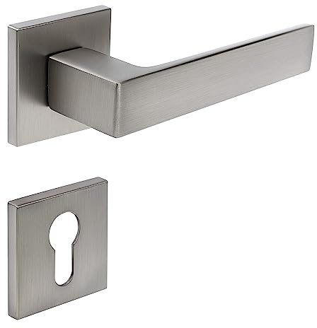 FELGNER Drückergarnitur Garda für Profilzylinder | hochwertige Garnitur - ergonomisch geformter Türgriff Türbeschlag – moderne eckige Rosette für die Zimmertür | Farbe: Nickel matt