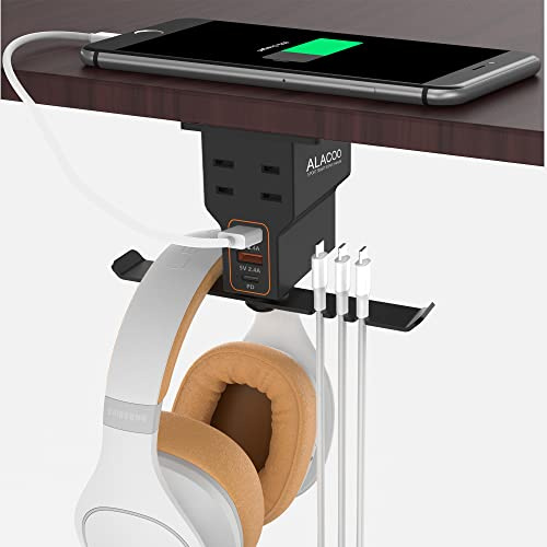 ALACOO Gaming Headphone Stand with Charging Station - Aluminum Hooks Headphone Holder, Under Desk Headset Stand, 3 USB & AC Outlet, Surge Protector & Cable Organizer, Gift for Girl/Men