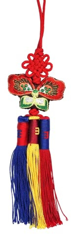 Seoulful Vintage Korean Butterfly Norigae - Traditional Tricolor Tassel Charm with Red, Blue, and Yellow Stripes - Hanbok Knot Keychain