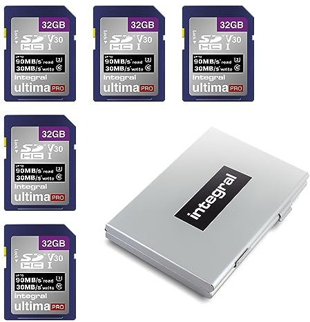 Integral Scheda SD da 32 GB con 6 slot per schede SD in metallo, video 4K Ultra HD, alta velocità, lettura 90 MB/s e scrittura 30 MB/s, SDHC V30 UHS-I U3 classe 10, confezione da 5