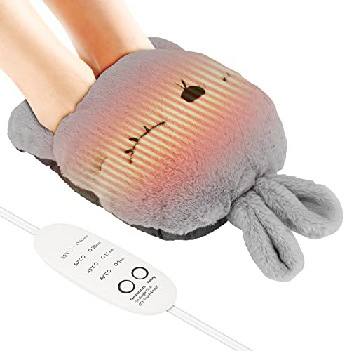 Coikes Chauffe-pieds électriques chauffants en forme de lapin mignon avec charge USB Antidérapants et amovibles 4 réglages de température 4 réglages de minuterie pour pieds, mains, abdomen (gris)