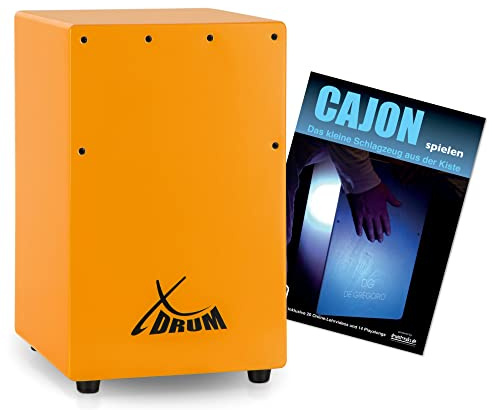 XDrum KC-37OG Kinder-Cajon Set - Kleine Cajon speziell für Kinder - Nur 36 cm hoch - Snare-Effekt durch stimmbare Gitarrensaiten - Spar-Set mit Cajon-Schule für Einsteiger - Orange