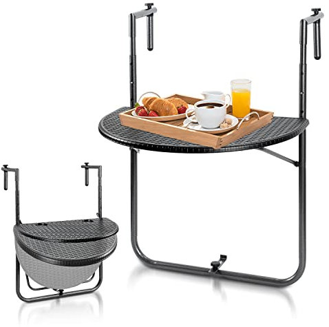 Gimisgu Balkonhängetisch klappbar Balkontisch zum Einhängen Balkon Hängetisch 3-Fach höhenverstellbarer Wetterfest Klappbarer Tisch BxT: 62 x 40 cm für Balkon Geländer Schwarz Rattan-Optik
