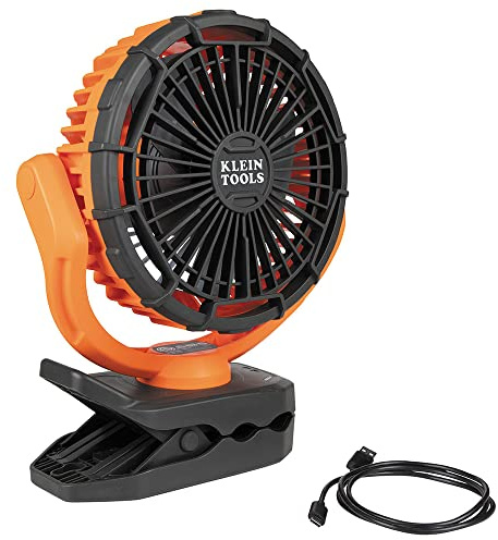 KLEIN TOOLS PJSFM2 Lithium Battery Operated Fan, Rechargeable Mini USB Fan with Clip On, Hang Hole, and Magnet Mounting, Portable, Orange/Gray
