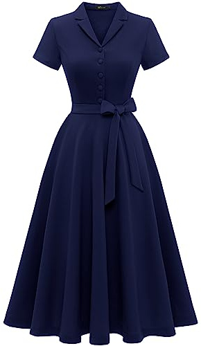 Wedtrend Cocktailklänning i vintagestil för kvinnor, A-linje, midilängd, V-ringad aftonklänning, eleganta fritidsklänningar, Marinblå, XXL