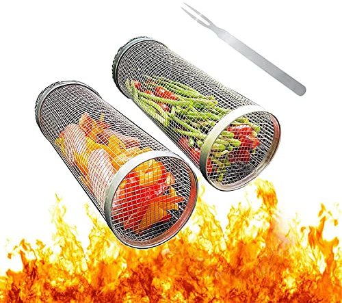 YumSur Rolling Grill Basket,Stainless Steel Wire Mesh Cylinder Grilling Basket, Portable Outdoor Camping Barbecue Rack for Vegetables,French Fries,Fish,Versatile Round Grill Cooking Accessories